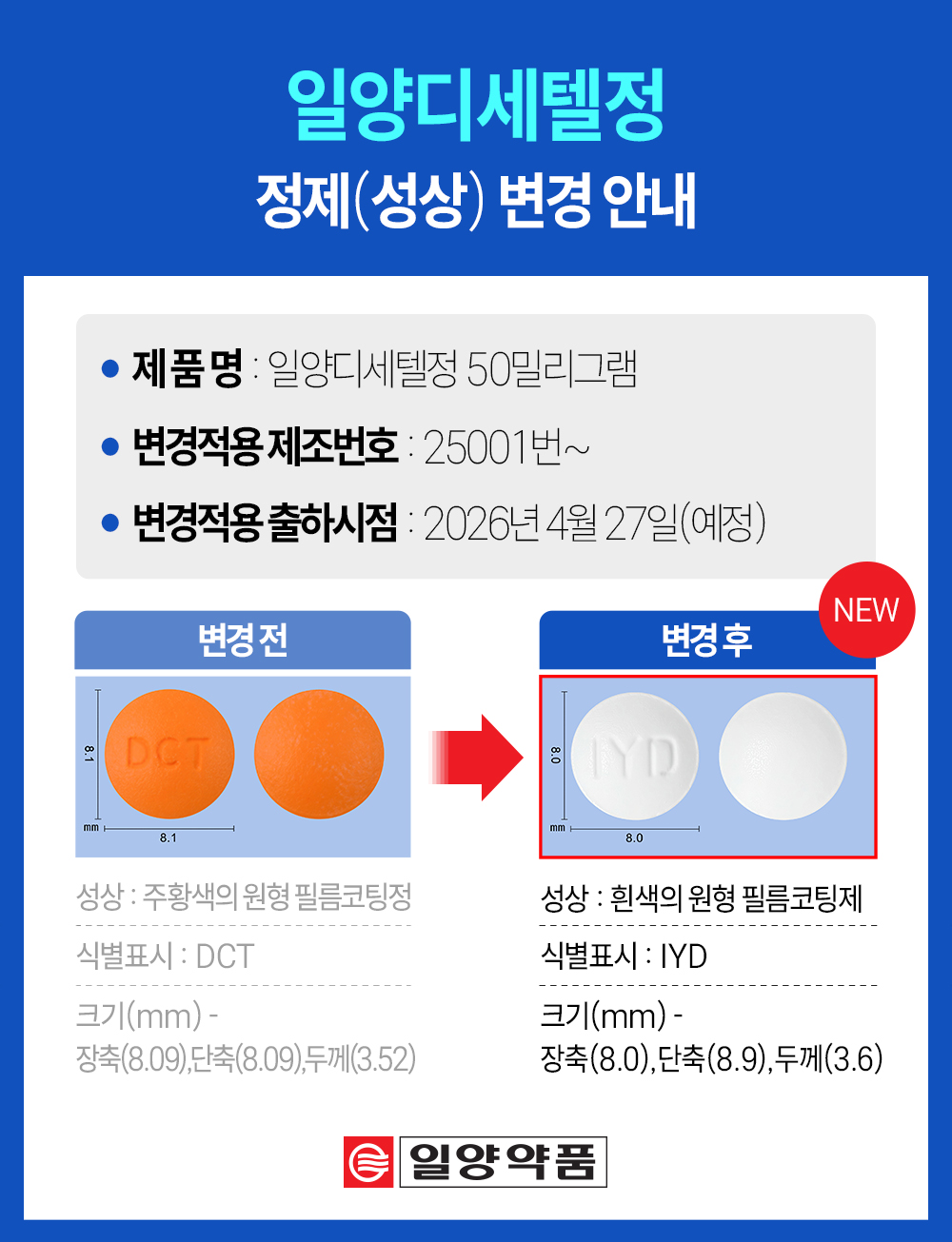 일양디세텔정 50밀리그램 정제(성상) 변경 안내